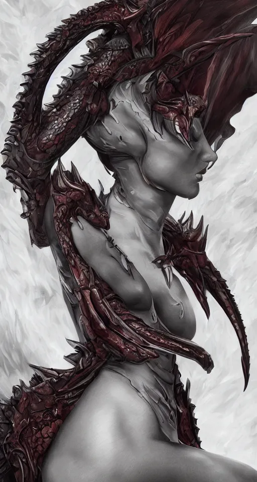 Prompt: 3/4 body portrait of the firedragon queen by artgerm, Dragon in dragon lair, HD, full body dragon concept, flying dragon, Human body with dragon features, beautiful queen, perfect face, fantasy, intricate, elegant, highly detailed, digital painting, artstation, concept art, smooth, sharp focus, illustration, ray tracing, 4k realistic 3d rendered portrait, soft shading, soft colors, relaxed colors, hyperdetailed, wide angle lens, fantasy, futuristic horror, armor style of giger