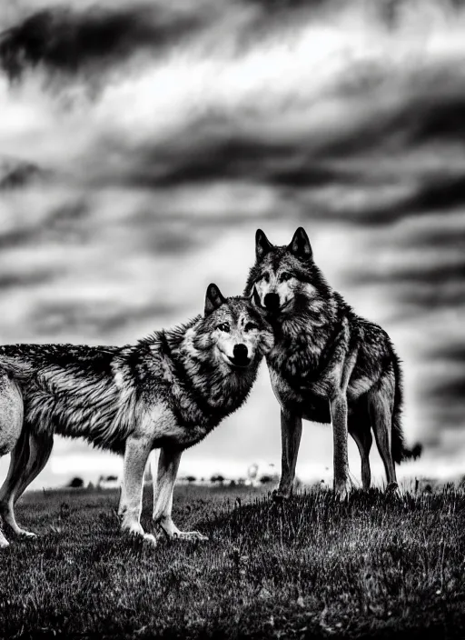 Image similar to two wolves black and white portrait white sky in background