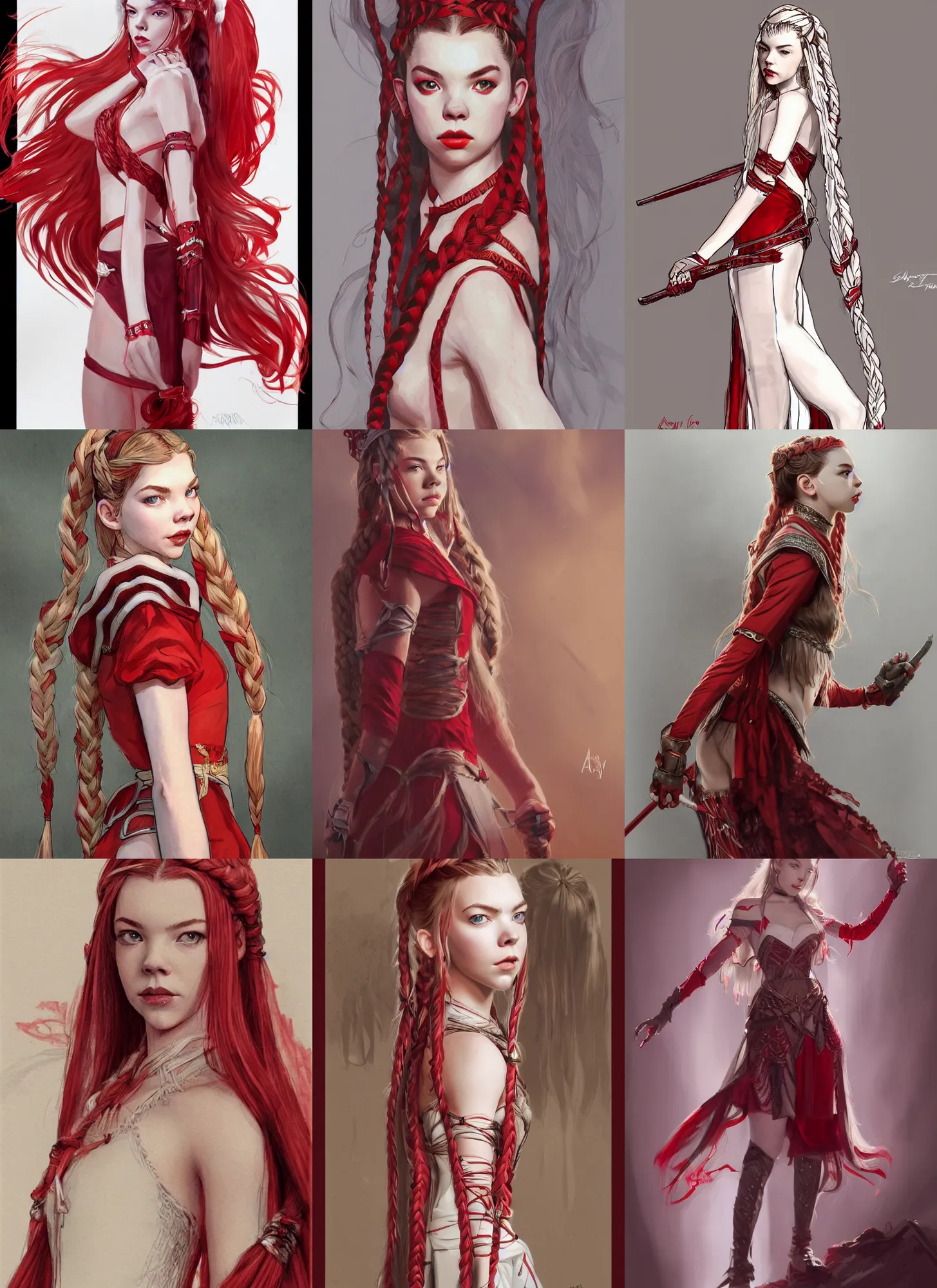 Prompt: anya taylor - joy warrior, red and white clothes, long braided blond hair, elegant, highly detailed, artstation, concept art, sharp focus, rutkowski, mucha