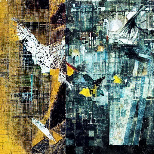 Prompt: the progressive rasterization of a bird, from a mechanical one into a pixel one, golden - blue oil on canvas by dave mckean and yoji shinkawa and roberto matta