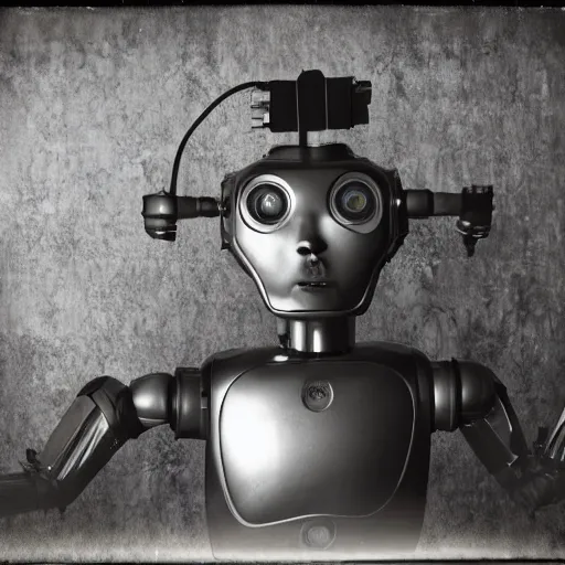 Image similar to humanoid robot, advanced humanoid robots, sleek robot, in log cabin living room, tintype photograph