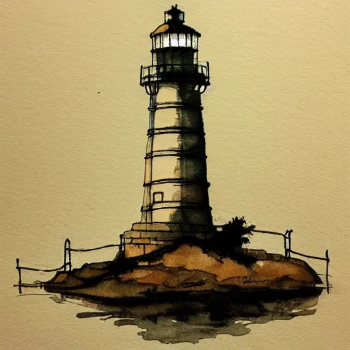 Prompt: beautiful watercolor and ink drawing of lighthouse at night artstation