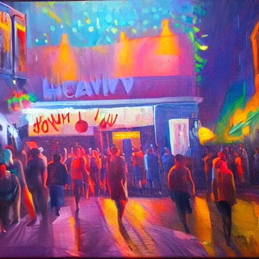 Prompt: Leaving Heaven Nightclub at 5am, oil on canvas