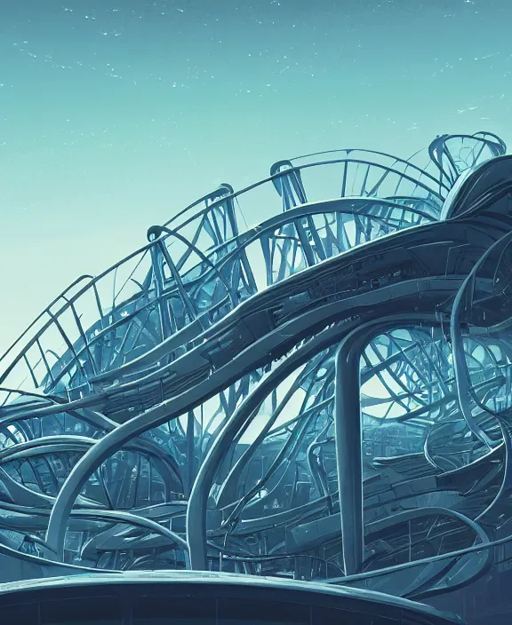 Prompt: simplicity, elegance, a roller coaster building made out of simple organic forms, in the style of a streamlined asymmetrical spaceship, bleak apocalyptic environment, by dan mumford, yusuke murata, makoto shinkai, ross tran, cinematic, unreal engine, cel shaded, featured on artstation, pixiv