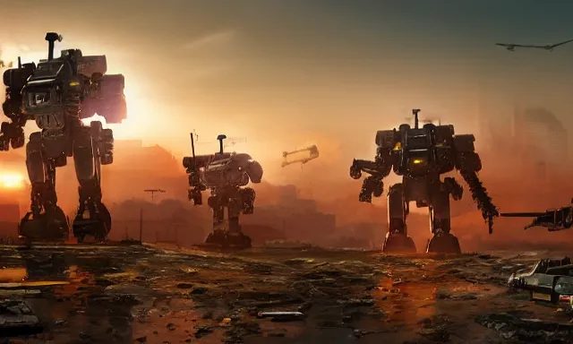 Image similar to Mechs defending the city at sunset, photorealistic, hyperrealistic, digital illustrations, sci-fi illustrations, mechwarrior, battletech, highly detailed, intricate, award-winning, mecha, gritty, beautiful colors, hdr, rendered in Octane, rendered in Unreal engine, 4k, ultra hd