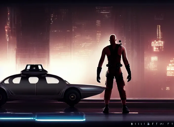 Prompt: still photo from the movie the fifth element, bruce willis, futuristic taxi, full body, far future, sharp focus, highly detailed, trending on artstation, intricate, cinematic composition, fog volume, octane