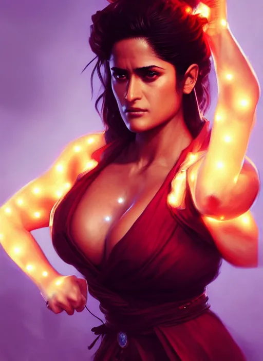 Image similar to portrait of street fighter v salma hayek, intricate, elegant, glowing lights, highly detailed, digital painting, artstation, glamor pose, concept art, smooth, sharp focus, illustration, art by artgerm and greg rutkowski, artey freytag