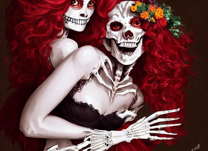 Image similar to cute & beautiful smug smiling mexican undead skeleton girl with red hair dressed as a bride, elegant, digital art, fantasy, pixar style, painting, pin up, highly detailed, artstation, art by artgerm, vrubel, boris vallejo and ilya kuvshinov