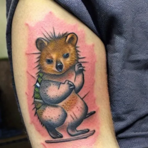Image similar to a tattoo of a quokka riding a bicycle