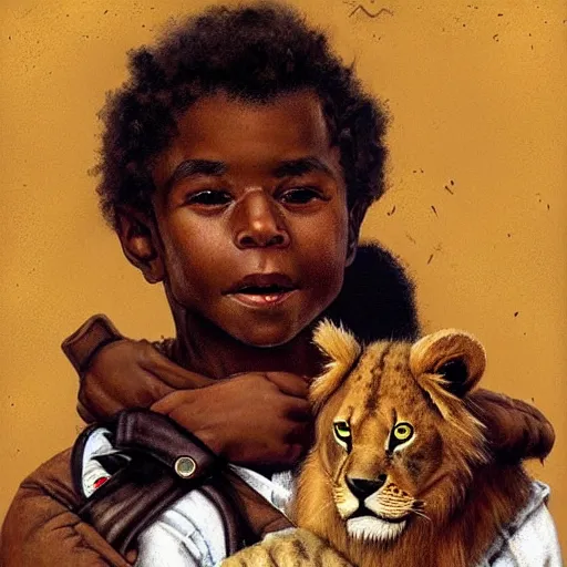 Prompt: A Black explorer holding a lion cub in his hands artwork by Norman Rockwell, artstation trending, cinematic lighting