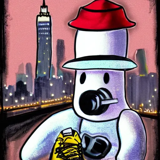 Prompt: the stay puff marshmallow man wearing timberland shoes and hat while smoking a joint and walking in new york city, digital art