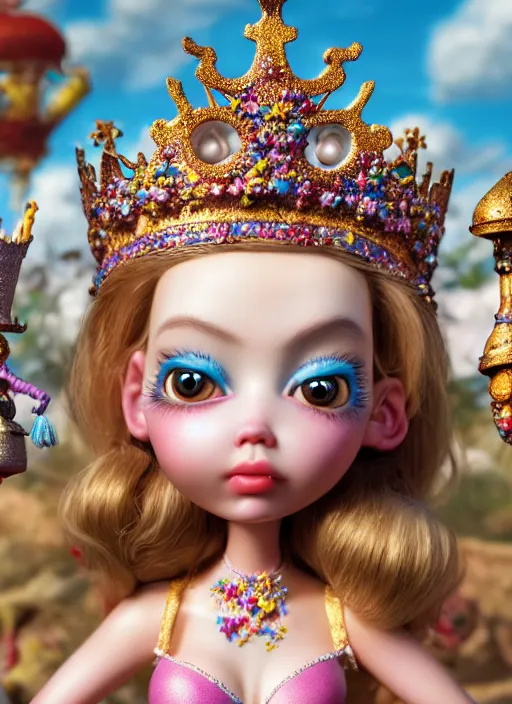 Image similar to highly detailed closeup, face profile portrait of a tin toy fairytale princess wearing a crown eating cakes, bikini, unreal engine, nicoletta ceccoli, mark ryden, earl norem, lostfish, global illumination, detailed and intricate environment