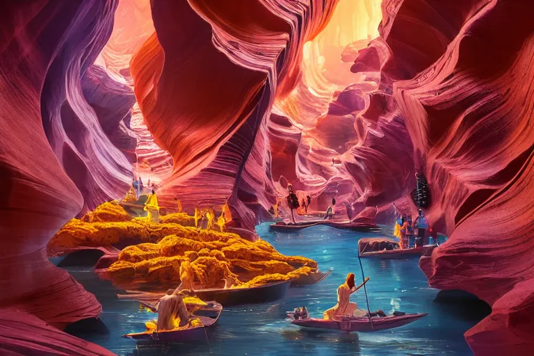 Image similar to floating markets of times square river on bioluminescent wave in antelope canyon during sakura season on an interstellar aurora borealis, gold waterfalls, vendors, festivals, fun, by peter mohrbacher, james jean, james gilleard, greg rutkowski, vincent di fate, rule of thirds, octane render, beautiful landscape