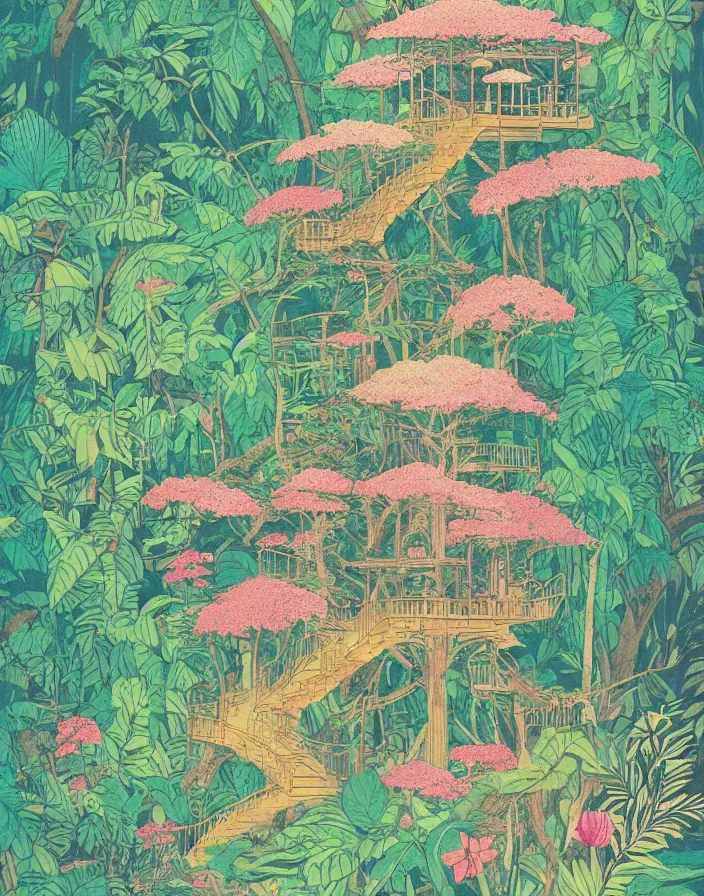 Image similar to floral jungle treehouse, Beautiful vintage Japanese poster, 10% surreal, risograph poster, beautiful colors, deep meaning, Intricate image, moving, Impressionist style, Ghibli art, high detail, dreamy, ethereal, subdued pastel palette