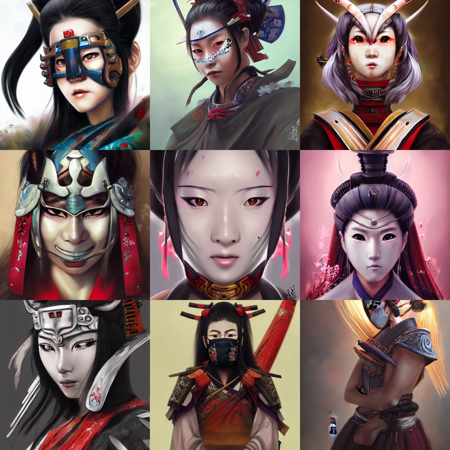 Prompt: A realistic anime portrait of a samurai woman, wearing an Oni mask on face, wearing samurai armor, digital painting, by Stanley Artgerm Lau, WLOP, and Rossdraws, digtial painting, trending on ArtStation, deviantart