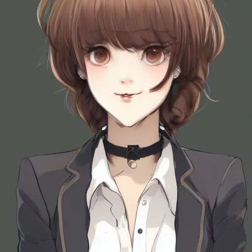 Image similar to portrait of a girl with short brown hair, wearing a white blouse and black choker, smoking a cigarette, drawn by WLOP, by Avetetsuya Studios, attractive character, colored sketch anime manga panel, unsaturated, dull colors, trending on Artstation