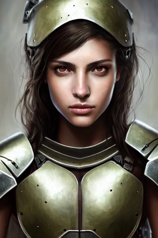 Image similar to a photorealistic painted portrait of an attractive young girl, partially clothed in metal-plated battle armor, olive skin, long dark hair, flawless skin, beautiful bone structure, symmetric facial features, perfect photorealistic eyes, natural physique, intricate, elegant, digital painting, concept art, finely detailed, beautifully illustrated, sharp focus, minimal artifacts, from Metal Gear, by Ruan Jia and Mandy Jurgens and Artgerm and William-Adolphe Bouguerea, trending on Artstation, award winning art