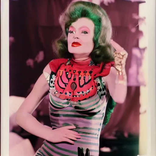 Image similar to 1976 film still glamorous woman photo and anthropological stomach, live action children's tv show, 16mm film live technicolor 1976, wacky colorful, in style of john waters doris wishman