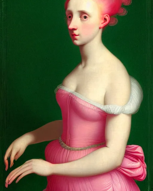 Prompt: photo-realistic portrait of a young pale woman with pink hair, wearing a neon green dress by Vivienne Westwood, intricate details, super-flat, in the style of James Jean, Jean Auguste Dominique Ingres, black background