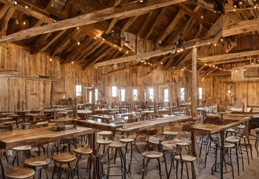 Image similar to interior barn renovation as folk music event space rustic with bar and cafe tables 8k photorealistic