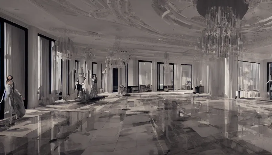 Prompt: Fashion Catwalk in a luxurious penthouse interior, concept art, rendering, hyperdetailed, unreal engine 5, 4k