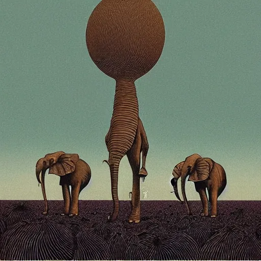 Image similar to “safari on a surreal martian like world, strange unknown tall elephant like creatures roaming the barren plains, woodblock, black fine lines on warm brown, by victo ngai, by stanley donwoood”