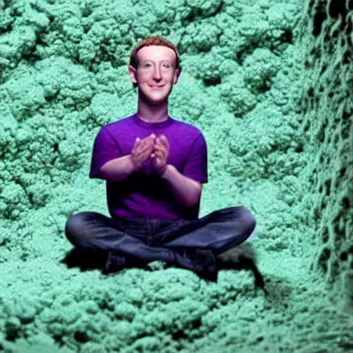 Image similar to a small weird childish alien as Mark Zuckerberg sitting in a room made of green slime and purple mold. Photograph from science fiction movie.