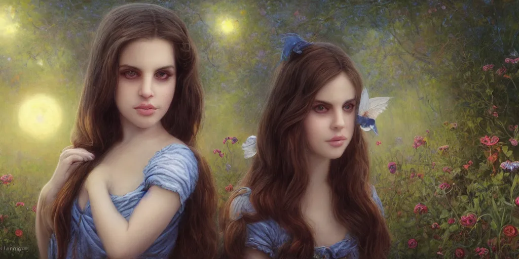 Image similar to big-eyed Lana Del Rey staring into the camera, sundown misty firefly wisps, Lilia Alvarado, Sophie Anderson, Mark Arian, Bob Byerley, Charlie Bowater, Mark Brooks, Steve Henderson, Justin Gerard, Arthur Hughes, Edward Robert Hughes, Mark Keathley, Victor Nizovtsev, Carlos Shwabe, Ross Tran, WLOP