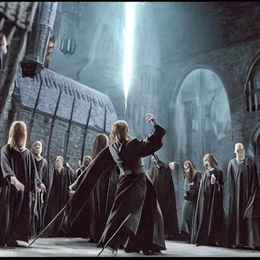 Image similar to The photo of Harry Potter teaming up with the Voldemort and attacking Hogwarts. Movie scene, dark scene.