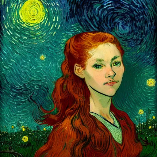 Image similar to sharp, intricate fine details, breathtaking, digital art portrait of a red haired girl with long hair and green eyes softly smiling in a dreamy, mesmerizing scenery with fireflies, art by vincent van gogh