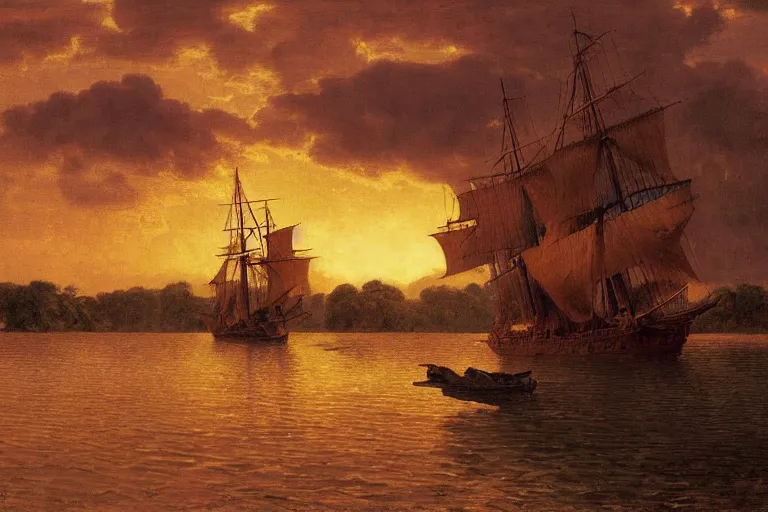 Image similar to painting of a spanish galleon, a spanish galleon, sailing the amazon river, jungle, sunset, clouds, chill, romantic, by ludwig deutsch and maxfield parrish, patterned tilework, extremely detailed, cinematic lighting, smooth sharp focus