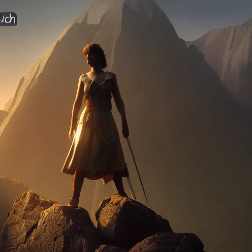 Image similar to a woman with a sword standing in front of a mountain, a character portrait by René Auberjonois, trending on cgsociety, photorealism, reimagined by industrial light and magic, #vfxfriday, anamorphic lens flare