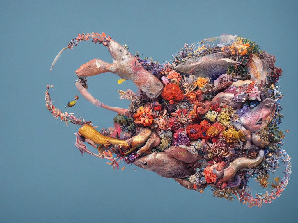 Image similar to a sculpture of fish ocean intertwined, a lovely cornucopia of flowers and human body parts, body parts, highly detailed, octane render, cinematic, shock, sharp focus, annular