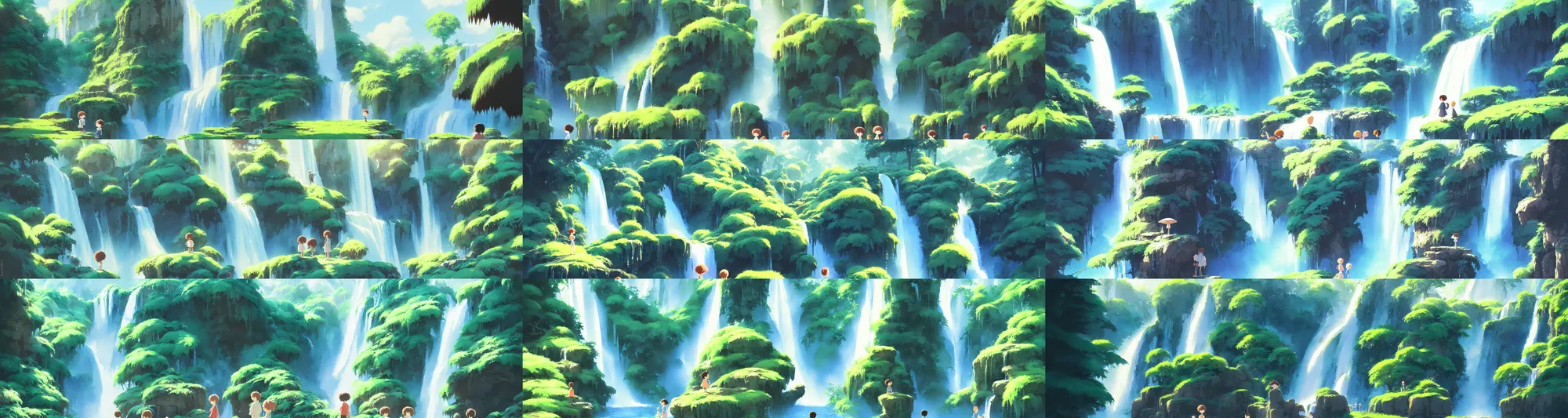 Prompt: a wholesome animation key shot of a ( ( ( sunny ) ) ) waterfall panorama, studio ghibli, pixar and disney animation, sharp, rendered in gouache painting, anime gouache key art by greg rutkowski, bloom, dramatic, dynamic lighting