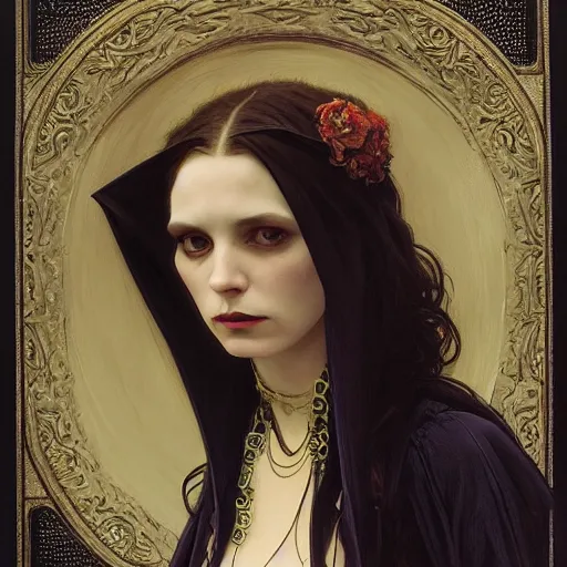 Prompt: portrait of a lady vampire, 35mm, victorian, depth of field, DOF, ominous, sharp, highly detailed, photorealistic, realistic, unreal 5, high definition, 8k, deviantart, donato giancola, irwin penn, ((Alphonse Mucha))