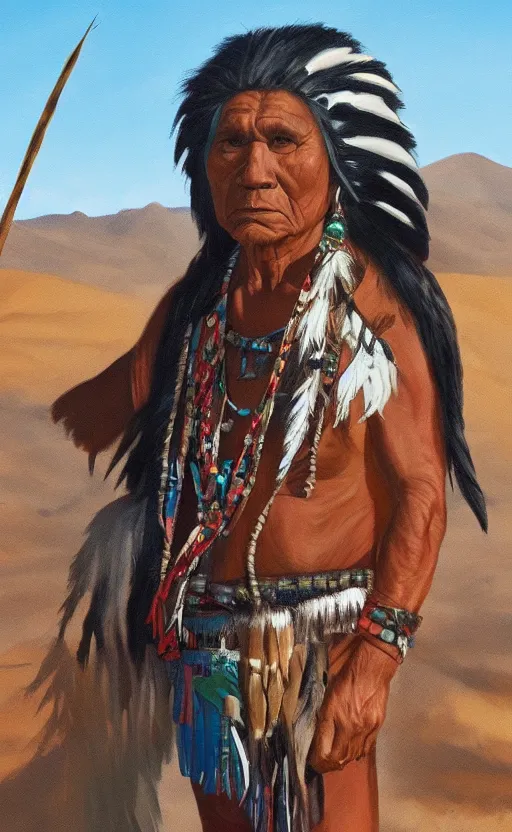 Image similar to full shot picture of indigenous leader standing in the desert, painted by lucian frued, hd, realistic lighting