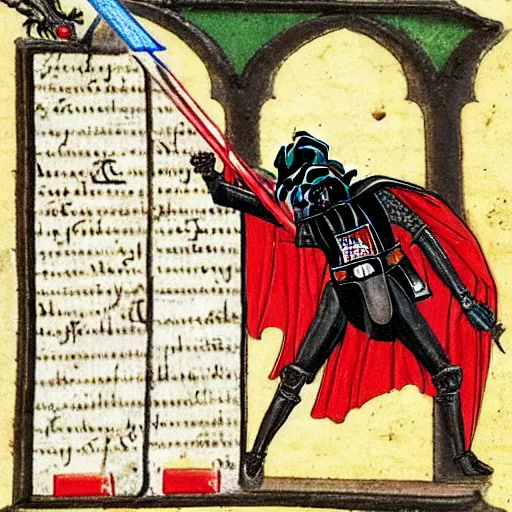 Image similar to darth vader in a medieval manuscript fighting with a dragon, medieval manuscript, golden miniatures