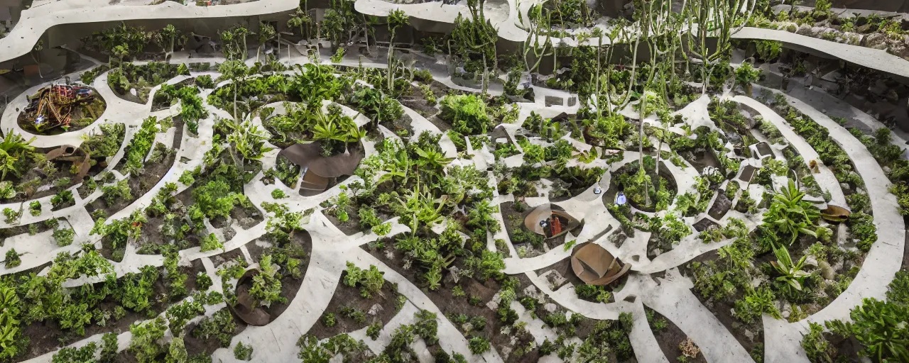 Image similar to aerial view of desert terraformation project, venus project, with snail-shaped biomimetic architecture, mini stepped amphitheatre, mini lake, vertical vegetable gardens, robotic drones, XF IQ4, 150MP, 50mm, F1.4, ISO 200, 1/160s, natural light