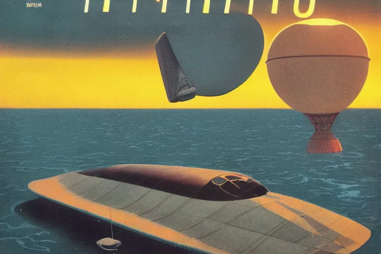 Image similar to 1 9 7 9 omni magazine cover of blimp with a floodlight searching over the water near tokyo. art in bladerunner 2 0 4 9 style by dali, and vincent di fate