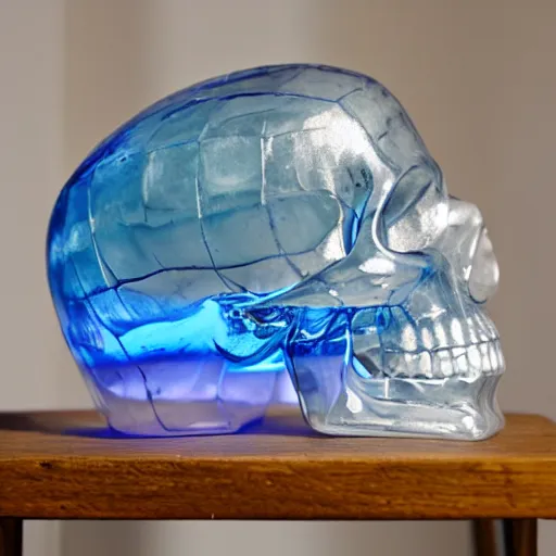 Prompt: transparent fluorite crystal skull on oak plinth, backlit