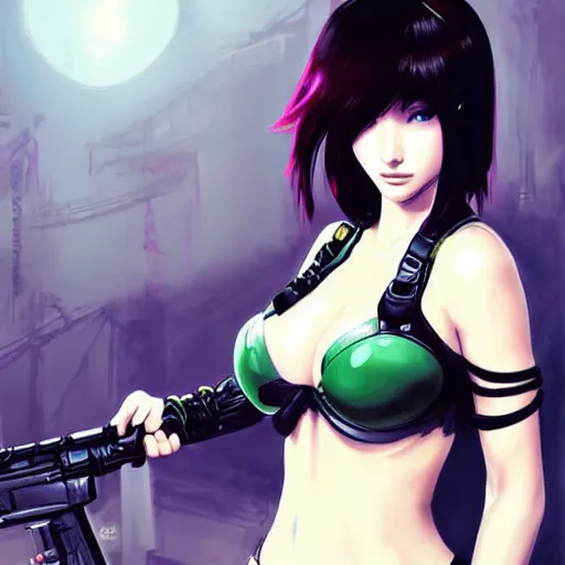 Prompt: concept art illustration of a beautiful young japanese christina hendricks natalie portman as lara croft motoko kusanagi anime protagonist, wearing tokyo harajuku street fashion combat warrior fantasy bikini, intricate, elegant, gorgeous, stunning, alluring, art by kim hyng tae, style of blade and soul, and masamune shirow