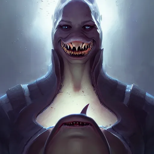 Image similar to professional ominous concept art portrait of a shark - human chimera character by artgerm and greg rutkowski. an intricate, elegant, highly detailed digital painting, concept art, smooth, sharp focus, illustration, in the style of simon stalenhag, wayne barlowe, and igor kieryluk.