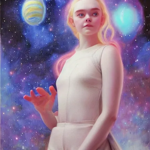 Prompt: a striking hyper real painting of Elle Fanning in space by John Sargent