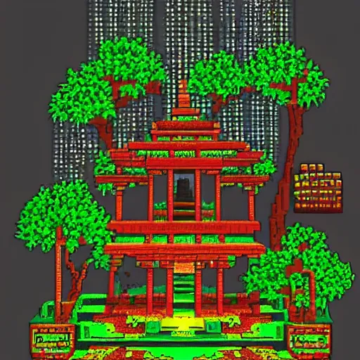 Image similar to temple hidden within the forest ancient magic, pixel art