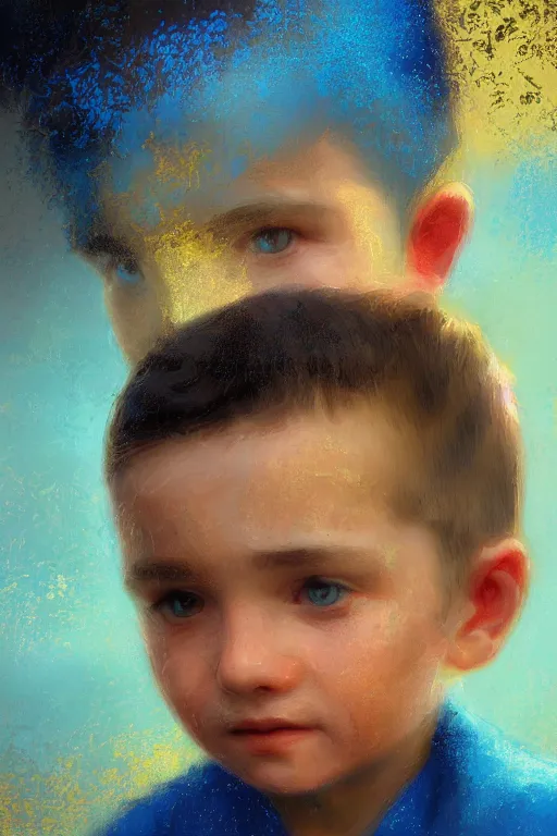 Image similar to little boy, close - up portrait, the portrait is decorated with blue and gold art deco patterns, powerfull, intricate, elegant, volumetric lighting, scenery, digital painting, highly detailed, artstation, sharp focus, illustration, concept art, ruan jia, steve mccurry