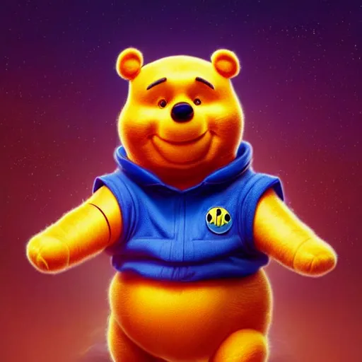 Image similar to xi jinping : : polished evil cyborg dictator winnie the pooh : : weta pixar movie still photo : : hi - fructose, sci fi decadent highly - detailed digital painting, golden ratio, octane render, artstation, smooth, sharp focus, scott robertson, artgerm, mucha, loish, wlop : :