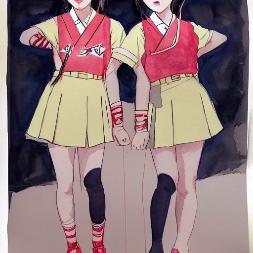 Prompt: a perfect, realistic professional concept sketch of two Japanese schoolgirls posing, in style of Marvel and DC, full length, by pen and watercolor, by a professional American senior artist on ArtStation, a high-quality hollywood-style sketch, on high-quality paper, 1980s