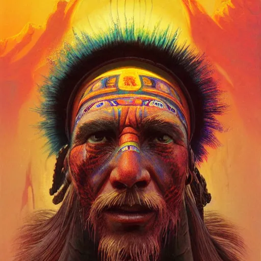 Image similar to ancient shaman staring intently at you, explosive color radiating from his mouth and eyes, by tyler edin and luke brown albert bierstadt moebius james gurney artstation