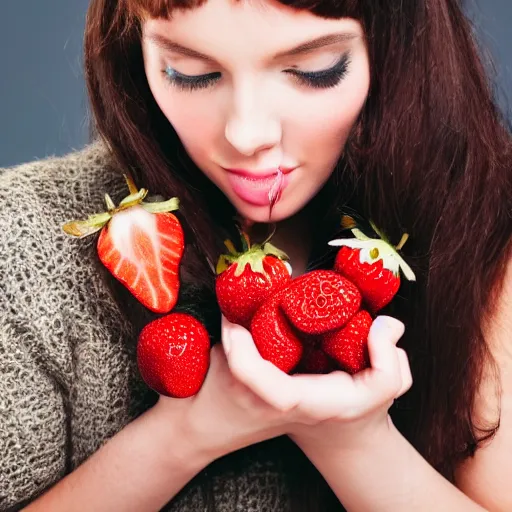 Prompt: fashion photography close - up photograph of a cute squirrel eating strawberries, studio lighting