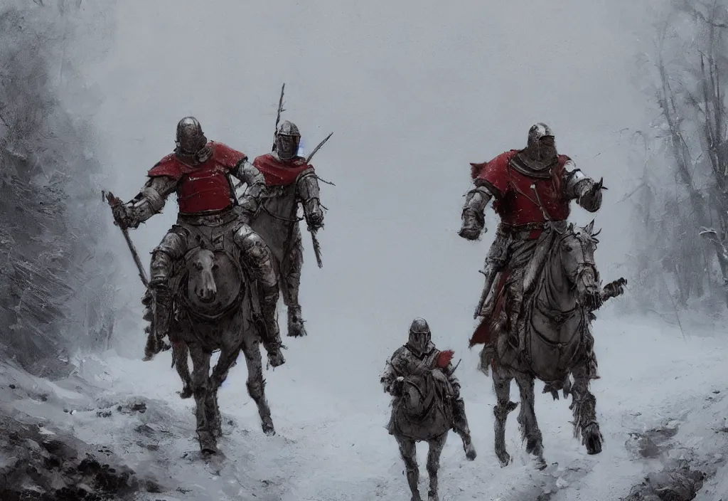 Image similar to medieval knights riding on a deep snowy dirt road towards a castle ruin, artstation, jakub rozalski, high detail